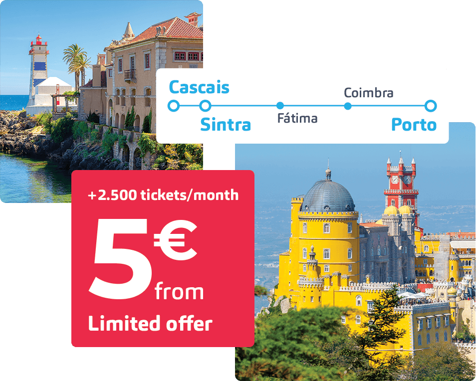 Cascais > Sintra > Porto from 5€ - New connection Cascais - Porto from July 1st 2022. More than 2.500 promo tickets. Book your ticket now!