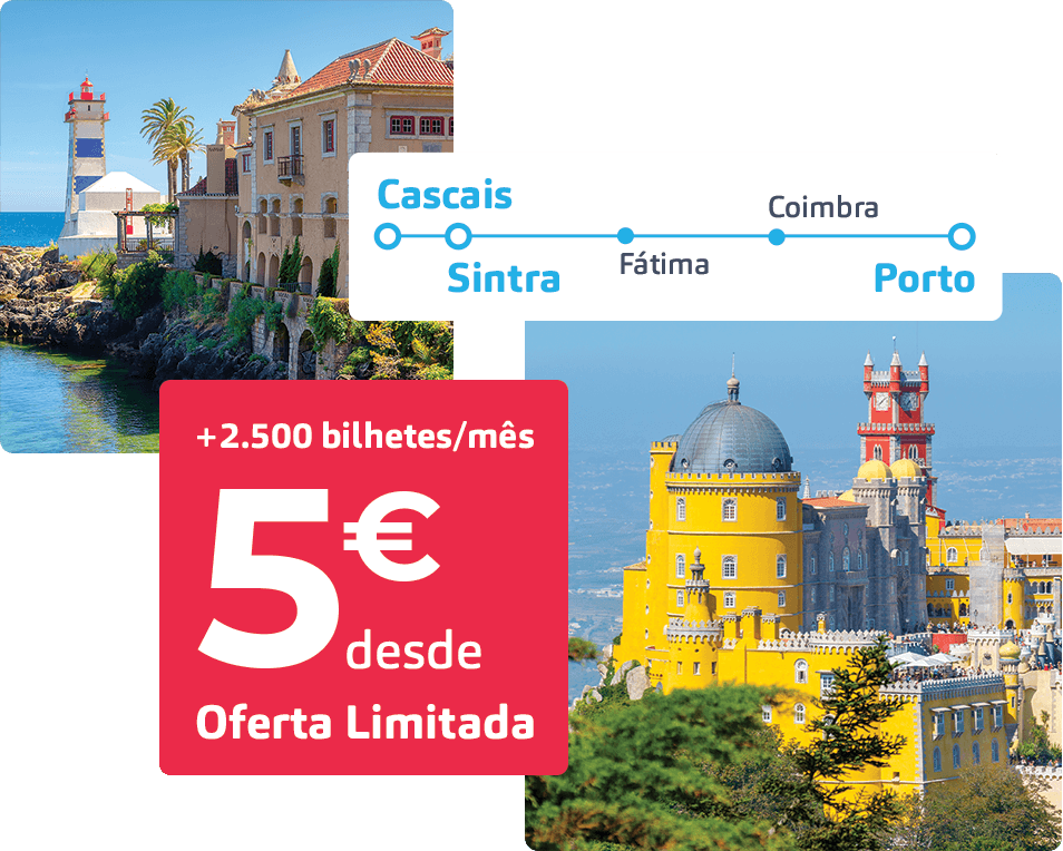 Cascais > Sintra > Porto desde 5€ - Nova ligação Cascais - Porto a partir de 01.07.2022. Temos 2.500 bilhetes desde 5€. Reserva já o teu bilhete antes que esgotem!